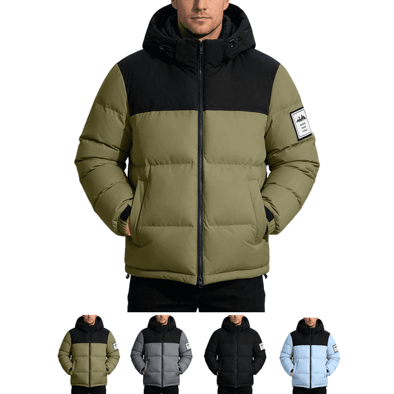 Men's Hooded Puffer Jacket Color Block Warm Winter Coat with Pockets Casual Outdoor Streetwear Thicken Ski Coat