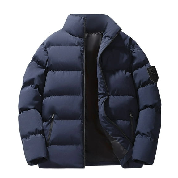 Men's Hooded Puffer Jacket Full Zip Hoody/Lapel Warm Heavy Thick Winter Cotton Down Coat Outerwear with Pockets (2XL, Dark Blue)
