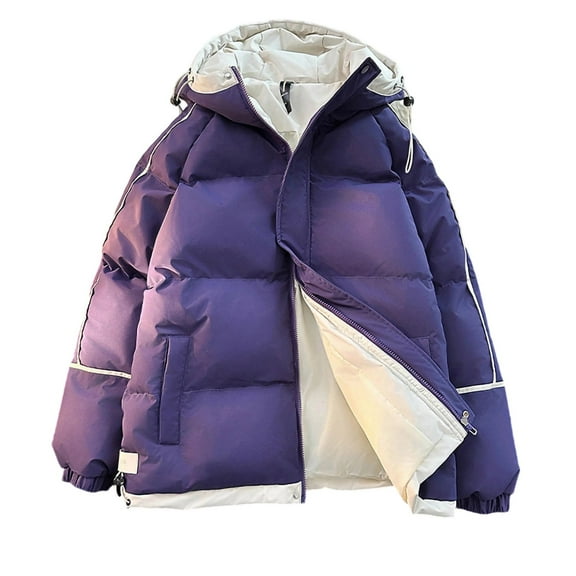 Men's Hooded Puffer Jacket Full Zip Hoody/Lapel Warm Heavy Thick Winter Cotton Down Coat Outerwear with Pockets (3XL, Purple|Hooded)