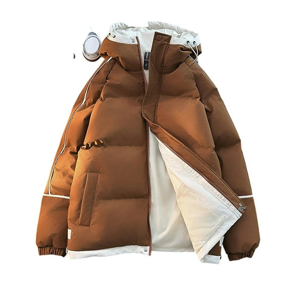 Men's Hooded Puffer Jacket Full Zip Hoody/Lapel Warm Heavy Thick Winter Cotton Down Coat Outerwear with Pockets (M, Coffee|Hooded)