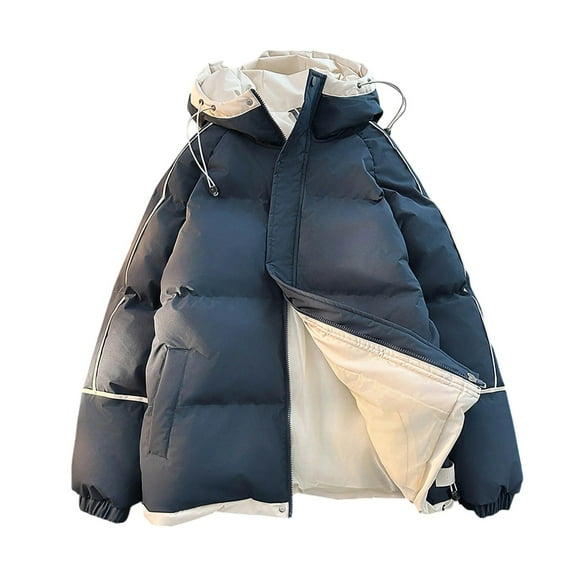 Men's Hooded Puffer Jacket Full Zip Hoody/Lapel Warm Heavy Thick Winter Cotton Down Coat Outerwear with Pockets (XL, Navy|Hooded)