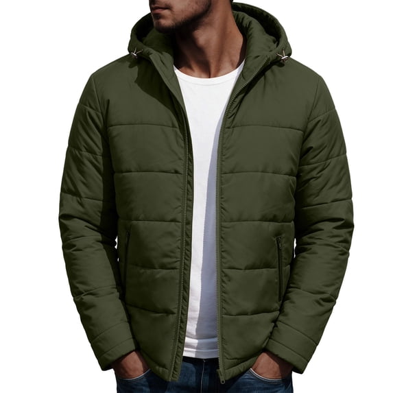 Men's Hooded Puffer Jacket Full Zip Padded Coat,Warm Windbreaker Fall Winter Outerwear Relaxed Comfy Daily Outing Wear,Green,XXL