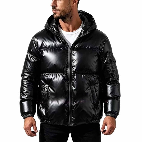 Men's Hooded Puffer Jacket Full Zip Quilted Puffer Winter Coat Warm Outerwear with Multi Pocket,Windproof Comfy Daily Wear,Black,L