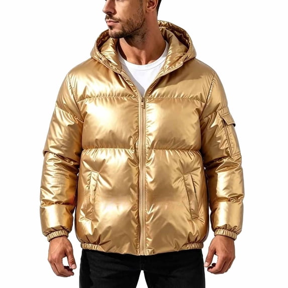 Men's Hooded Puffer Jacket Full Zip Quilted Puffer Winter Coat Warm Outerwear with Multi Pocket,Windproof Comfy Daily Wear,Gold,3XL