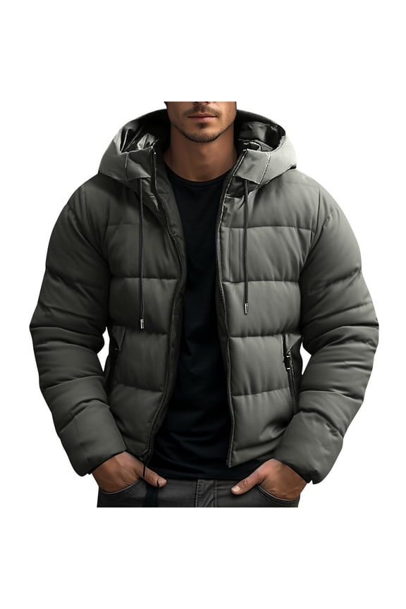 Men's Hooded Puffer Jacket Full Zip Warm Puffy Coat with Detachable Hooded Casual Parka Outerwear,M,Dark Gray