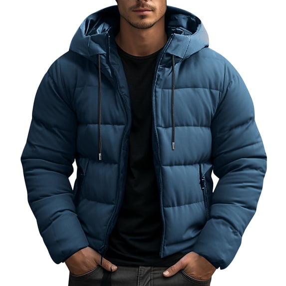 Men's Hooded Puffer Jacket Full Zip Warm Puffy Coat with Detachable Hooded Casual Parka Outerwear,S,Navy