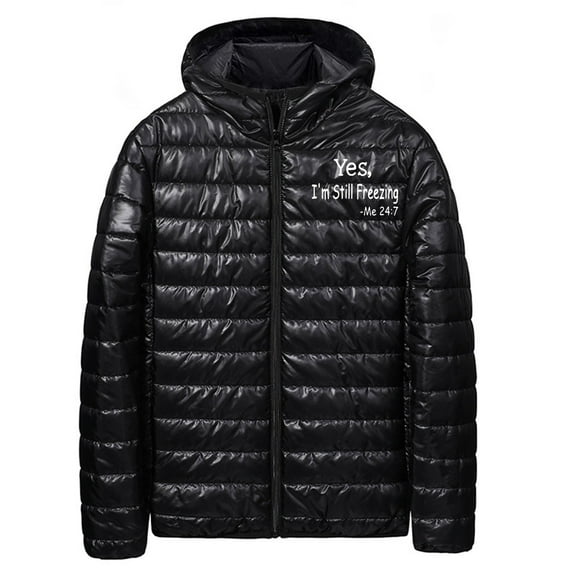 Men's Hooded Puffer Jacket Lightweight Warm Winter Zipper Coat with Funny Letter Print, Yes I'm Still Freezing (XS, Black)