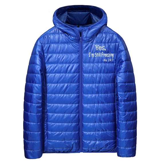 Men's Hooded Puffer Jacket Lightweight Warm Winter Zipper Coat with Funny Letter Print, Yes I'm Still Freezing (XS, Blue)