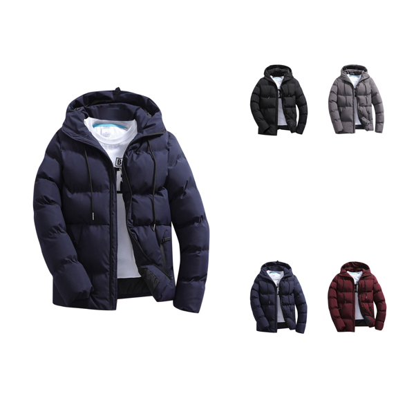 Men's Hooded Puffer Jacket – Quilted Cotton Padded Insulated Coat with Zipper, Loose Fit Solid Outdoor Top for Autumn and Winter