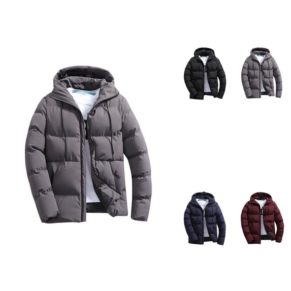 Men's Hooded Puffer Jacket – Quilted Cotton Padded Insulated Coat with Zipper, Loose Fit Solid Outdoor Top for Autumn and Winter