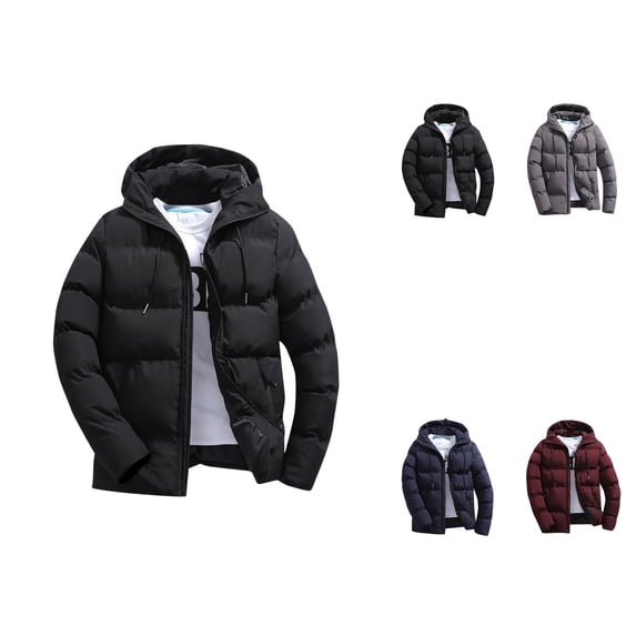 Men's Hooded Puffer Jacket – Quilted Cotton Padded Insulated Coat with Zipper, Loose Fit Solid Outdoor Top for Autumn and Winter