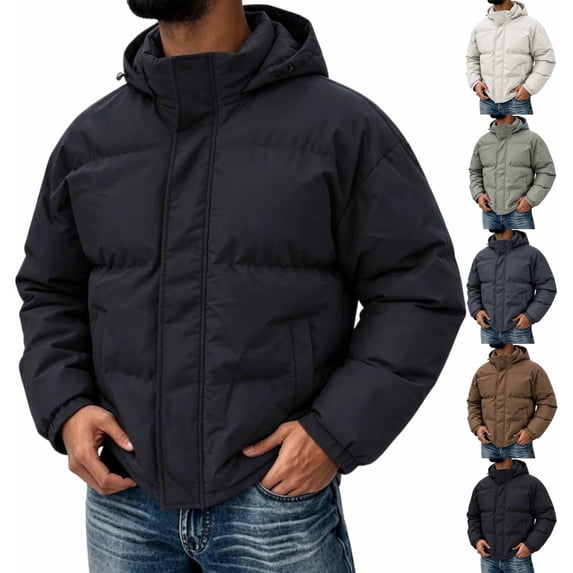 Men's Hooded Puffer Jacket Solid Color Windproof Zip Up Winter Coat,Warm Thick Padded Outerwear with Pockets