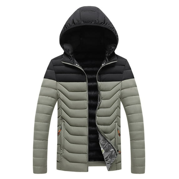 Men's Hooded Puffer Jackets Warm Quilted Jacket Thickened Color Block Winter Coats with Zipper Pockets Blue 2XL