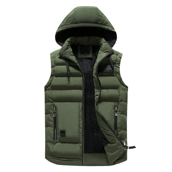 Men's Hooded Puffer Vest Sleeveless Zip Up Padded Jackets Coat Army Green L