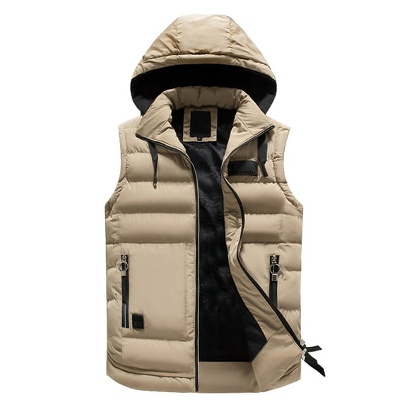 Men's Hooded Puffer Vest Sleeveless Zip Up Padded Jackets Coat Khaki XXXL