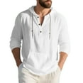 thumbnail image 1 of Men's Hooded Pullover Half Button Drawstring Long Sleeve Linen Henley Shirts Lightweight Casual Beach Blouse With Pocket (3XL, White), 1 of 8