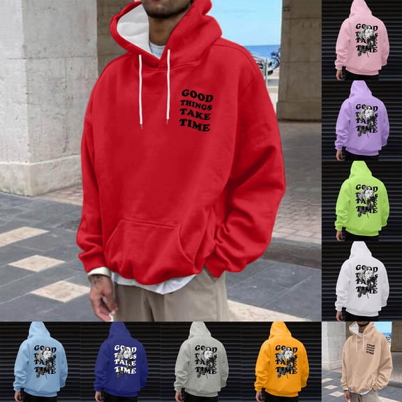 Men's Hooded Pullover Sweatshirt with Drawstring & GOOD THINGS TAKE TIME Print, Outdoor Casual Fleece Top for Streetwear, Christmas, Fall Winter Lifestyle,Red,M