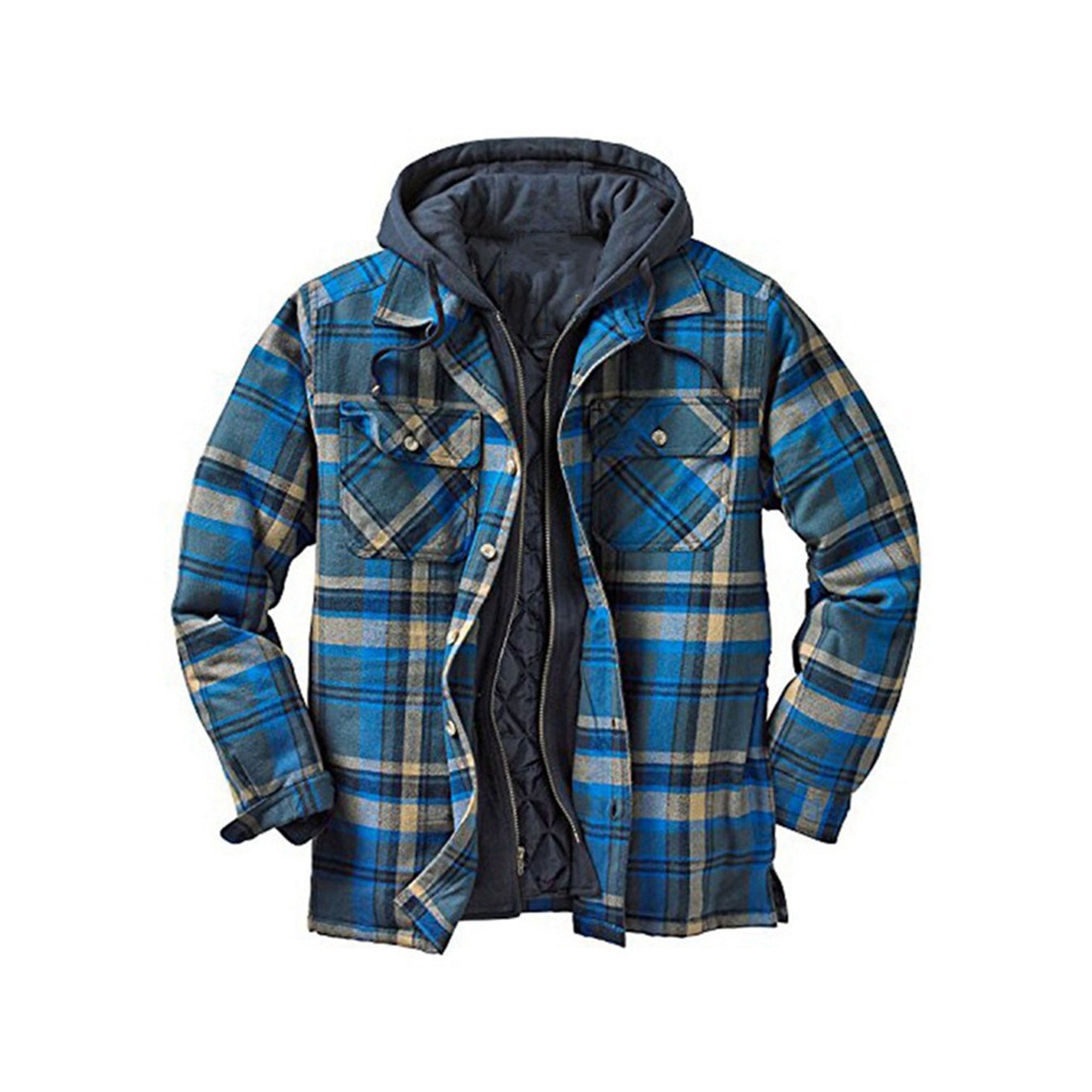 Men's Hooded Quilted Lined Flannel Shirt Jacket, Long Sleeve Plaid Zipper  Button Up Jackets - Walmart.com