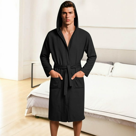 Men's Hooded Robe Waffle Knit Long Sleeve Lightweight Quick Dry Bathrobe for Women Soft Comfy Loungewear Belted Sleepwear with Pockets