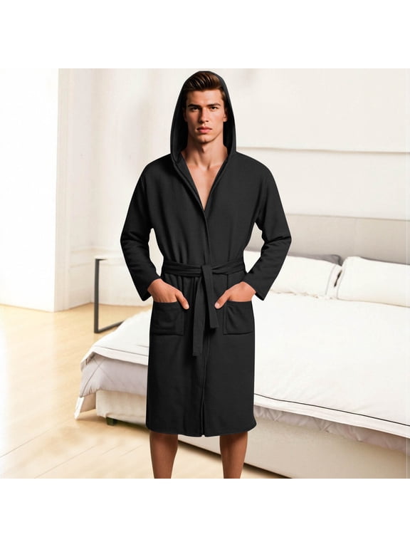 Men's Hooded Robe Waffle Knit Long Sleeve Lightweight Quick Dry Bathrobe for Women Soft Comfy Loungewear Belted Sleepwear with Pockets