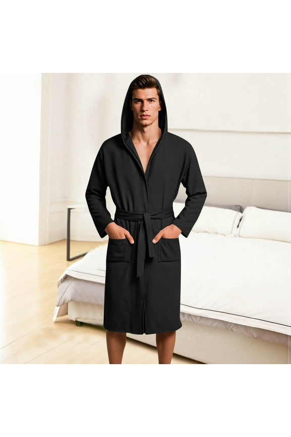 Men's Hooded Robe Waffle Knit Long Sleeve Lightweight Quick Dry Bathrobe for Women Soft Comfy Loungewear Belted Sleepwear with Pockets