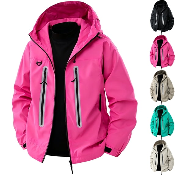 Men's Hooded Shell Jacket Water Repellent Windbreaker Coat Performance Travel Outerwear with Zipper Pockets for Hiking Camping Golf Fall Winter, Hot Pink, S