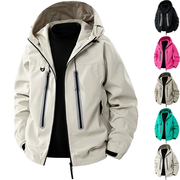 Men's Hooded Shell Jacket Water Repellent Windbreaker Coat Performance Travel Outerwear with Zipper Pockets for Hiking Camping Golf Fall Winter, White, L