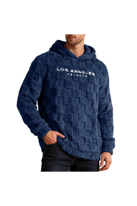 Men's Hooded Sherpa Fleece Checkered Textured Embroidered Sweatshirt Casual Loose Sporty Pullover