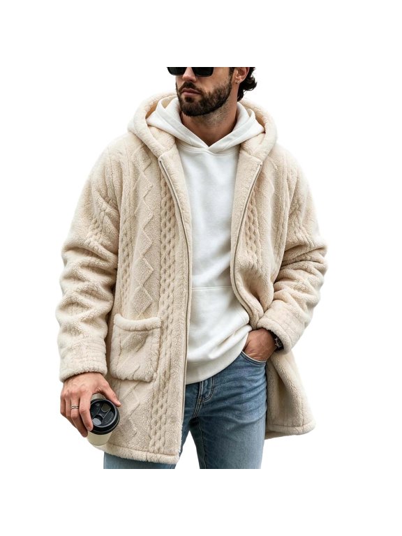 Men's Hooded Sherpa Fleece Coat, Cable Textured Full Zip Fluffy Warm Mid Length Casual Fuzzy Winter Jacket with Side Pockets