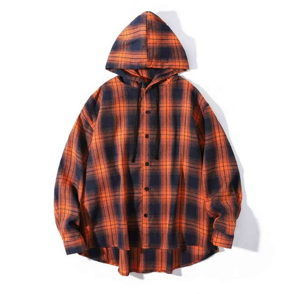 Men's Hooded Shirt, Checkered Long Sleeve Button Down with Drawstring, Vintage Lazy Style Casual Top Loose Fit Blouse for Outdoor Daily Use