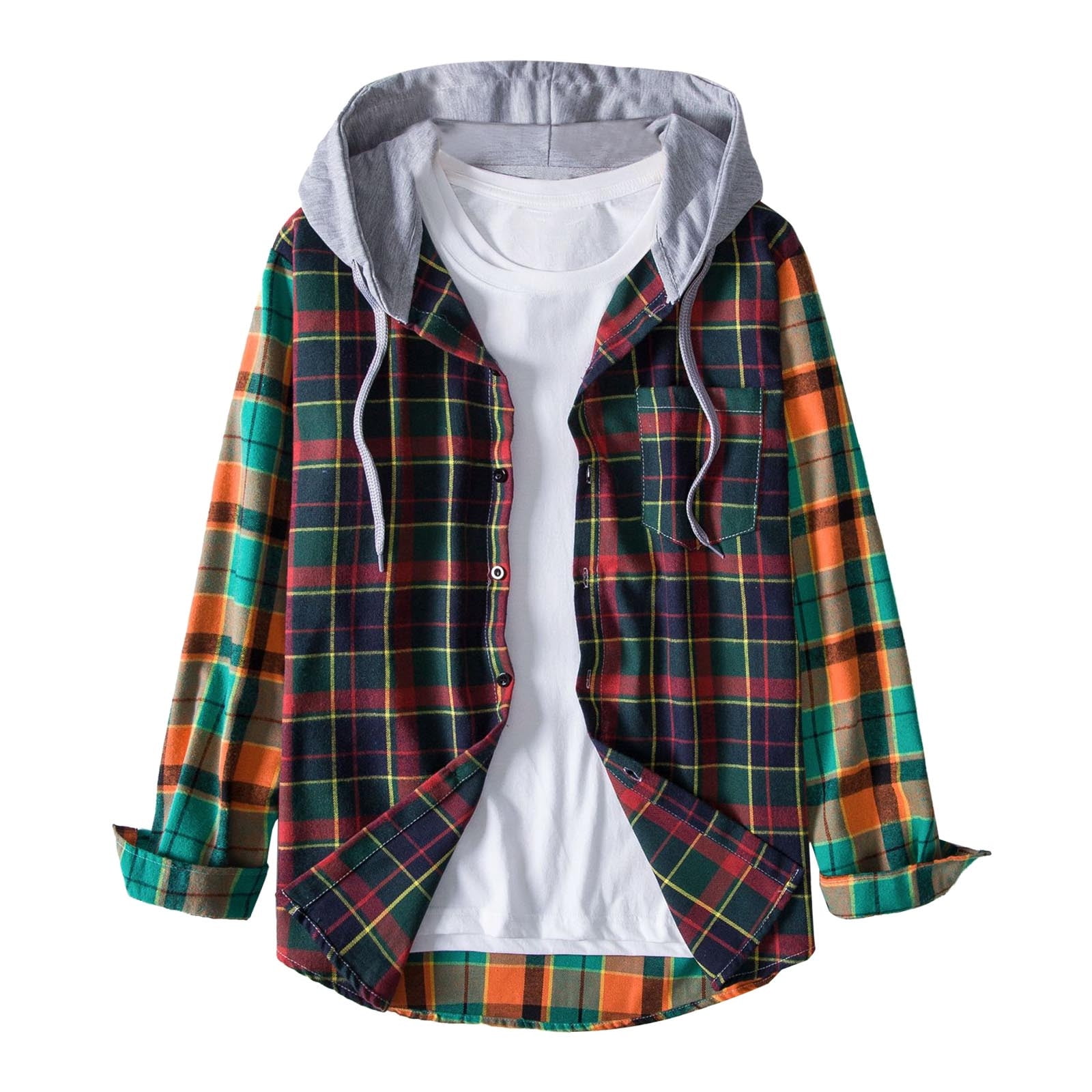 Men's Hooded Shirts Fashion Classic Plaid Stripes Button Long Sleeve Plus  Size Loose Hoodies Shirt Blouse Tops 