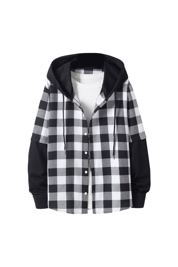 Men's Hooded Shirts Jackets Long Sleeve Casual Buffalo Plaid Button Down Shirt Lightweight Loose Oversized Outwear Coats Tops Hoodies