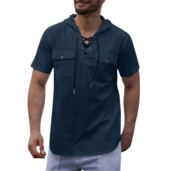 Men's Hooded Short Sleeve Shirt - Solid Color, Loose Fit, Polyester, Casual/Daily Wear, Drawstring Detail, US 8-16 Sizes