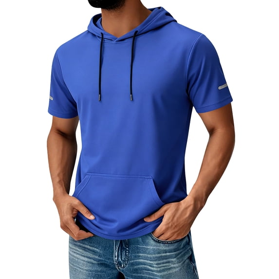 Men's Hooded Short Sleeve Top Quick Dry Casual Sports Athletic Shirt with Pocket Lightweight Breathable Performance Summer Workout Tee