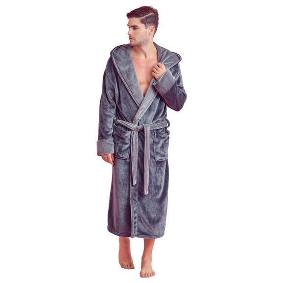 Men’s Hooded Shower Robe - Polyester Full-Length Warm Kimono