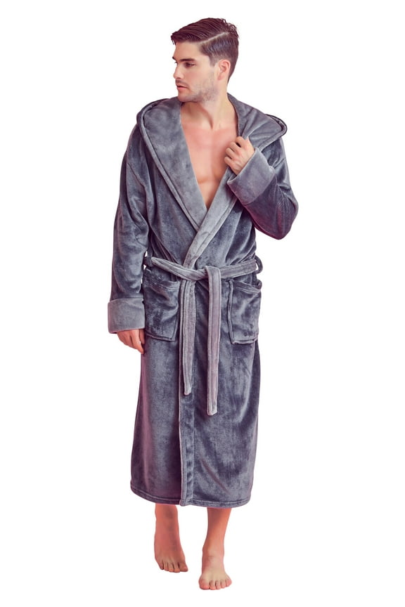Men’s Hooded Shower Robe - Polyester Full-Length Warm Kimono