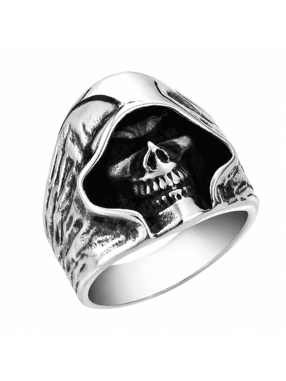 Men's Hooded Skull Ring, Stainless Steel Gothic Biker Punk Statement Ring
