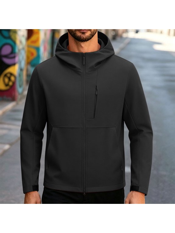 Men's Hooded Softshell Jacket Full Zip Multi Pockets Windproof Casual Outer Coat
