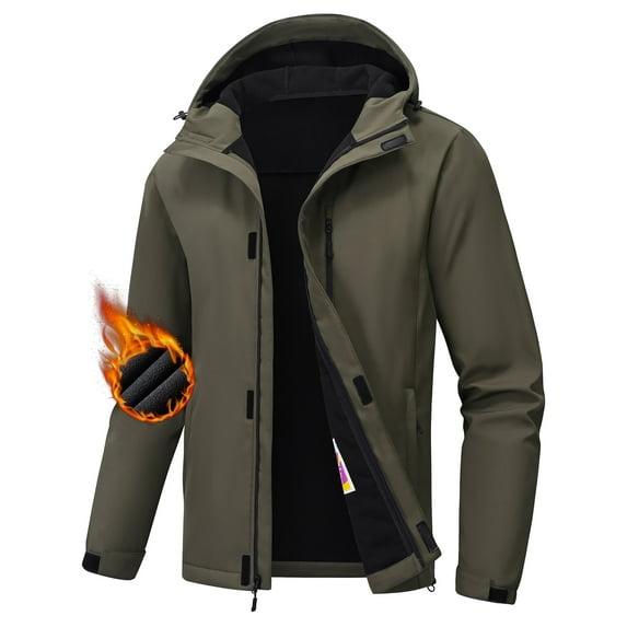 Men's Hooded Softshell Jacket Water-resistant Insulated Windbreaker Winter Warm Fleece Lined Rain Shell Jacket Army Green 2XL
