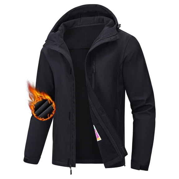 Men's Hooded Softshell Jacket Water-resistant Insulated Windbreaker Winter Warm Fleece Lined Rain Shell Jacket Black 2XL
