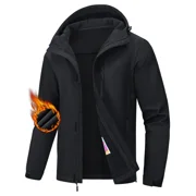 Mens Hooded Softshell Jacket Water-resistant Insulated Windbreaker Winter Warm Fleece Lined Rain Shell Jacket Black 2XL