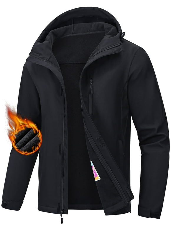 Men's Hooded Softshell Jacket Water-resistant Insulated Windbreaker Winter Warm Fleece Lined Rain Shell Jacket Black L
