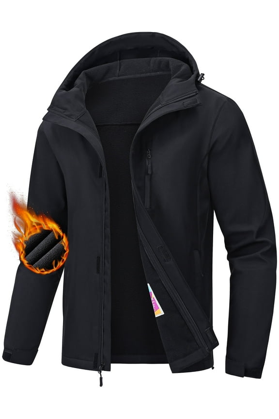 Men's Hooded Softshell Jacket Water-resistant Insulated Windbreaker Winter Warm Fleece Lined Rain Shell Jacket Black XL