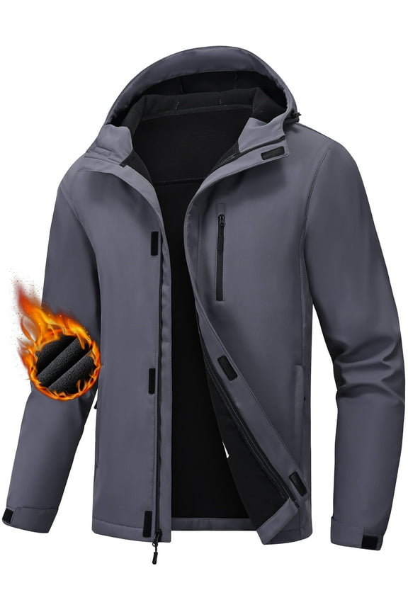 Men's Hooded Softshell Jacket Water-resistant Insulated Windbreaker Winter Warm Fleece Lined Rain Shell Jacket Light gray L