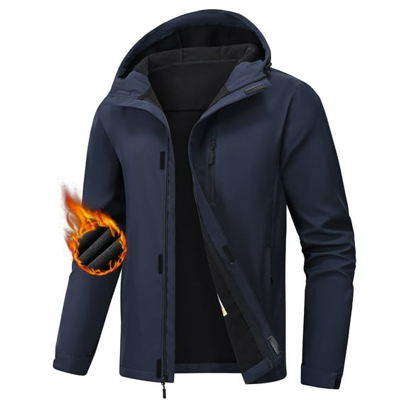 Men's Hooded Softshell Jacket Water-resistant Insulated Windbreaker Winter Warm Fleece Lined Rain Shell Jacket Navy 2XL
