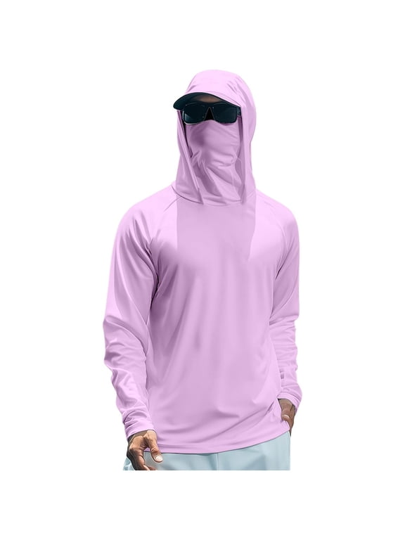 Men’s Hooded Sun Protection Fishing Shirt, Quick Dry Cooling Long Sleeve UPF Outdoor Pullover Top for Fishing Hiking Outdoor Activities Purple L