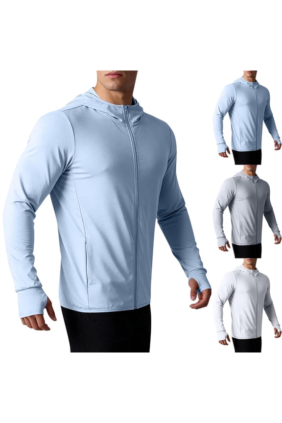 Men's Hooded Sun Shirts with Mask Fishing Shirts for Men Long Sleeve UPF 50 Rash Guards Cooling Hoodies Hiking Shirts,Light Blue XL