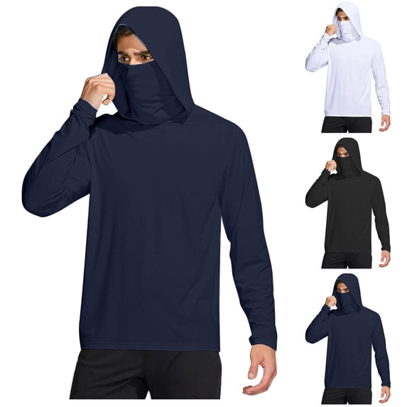 Men's Hooded Sunscreen Shirt Lightweight UPF 50+ Long Sleeve Hoodie with Mask, Breathable Quick Dry Solid Color Rash Guard for Fishing Hiking Running Cycling, Stylish | Zenithor,Black L