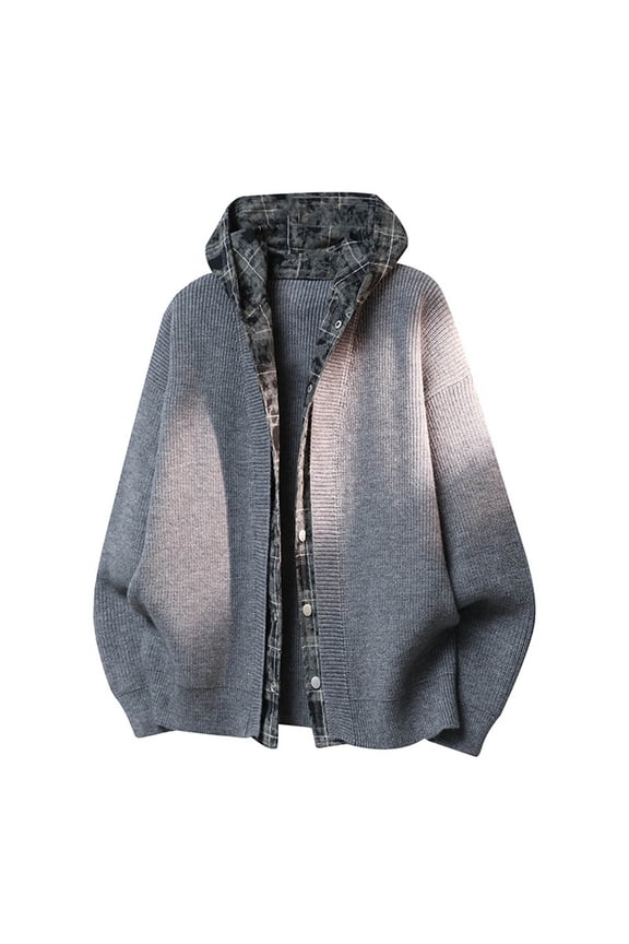 Men's Hooded Sweater Coat Long Sleeve Two In One Plaid Button Down Solid Ribbed Knit Cardigan Jacket Gray 3XL