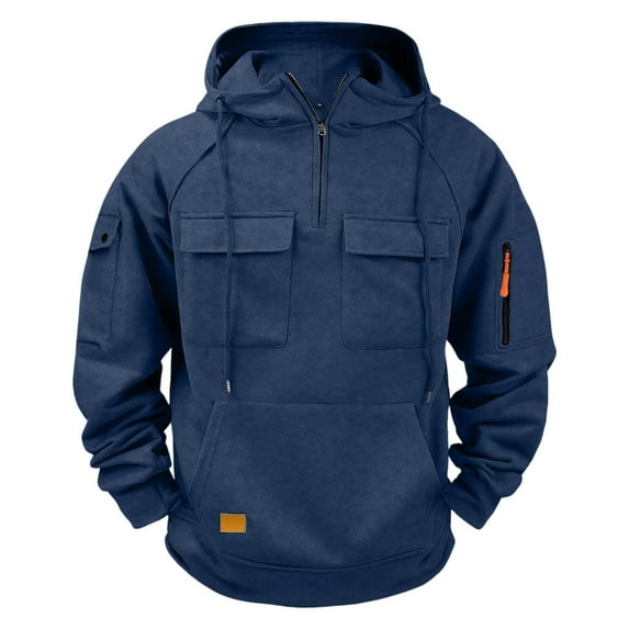 Men's Hooded Sweatshirt 1/4 Zipper Long Sleeve Solid Drawstring Fall Winter Sports Pullover Top with Multiple Pockets (5XL, Navy)